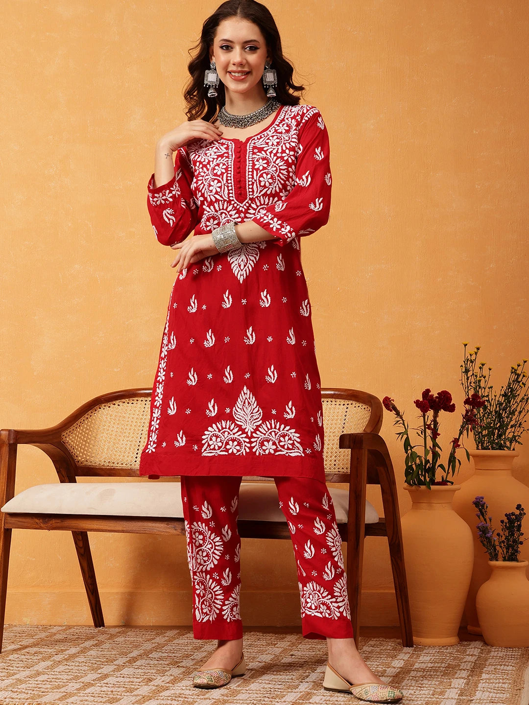 Ada Hand Embroidered Red Modal Lucknowi Chikankari Co-ord Set A811283