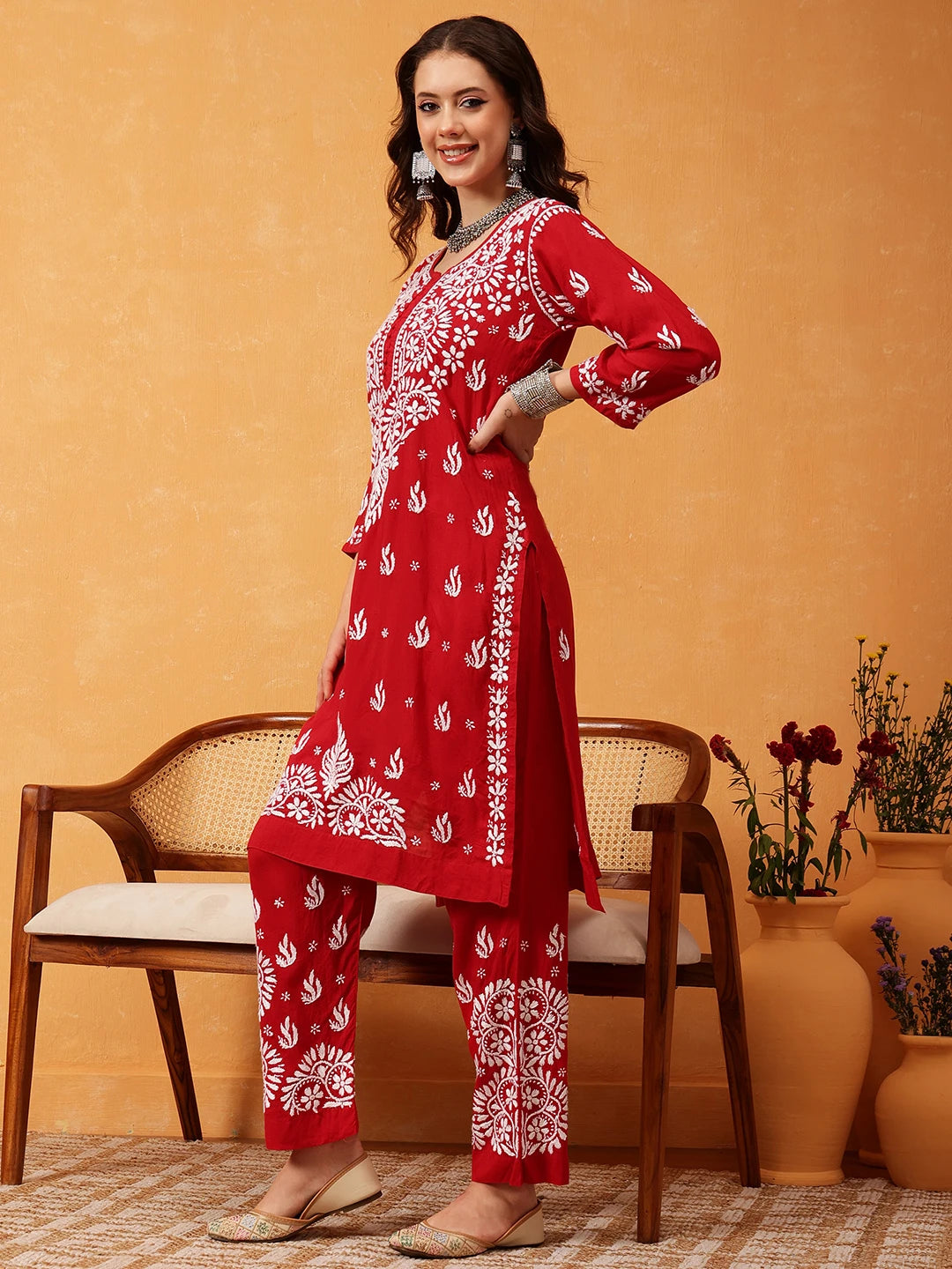 Ada Hand Embroidered Red Modal Lucknowi Chikankari Co-ord Set A811283
