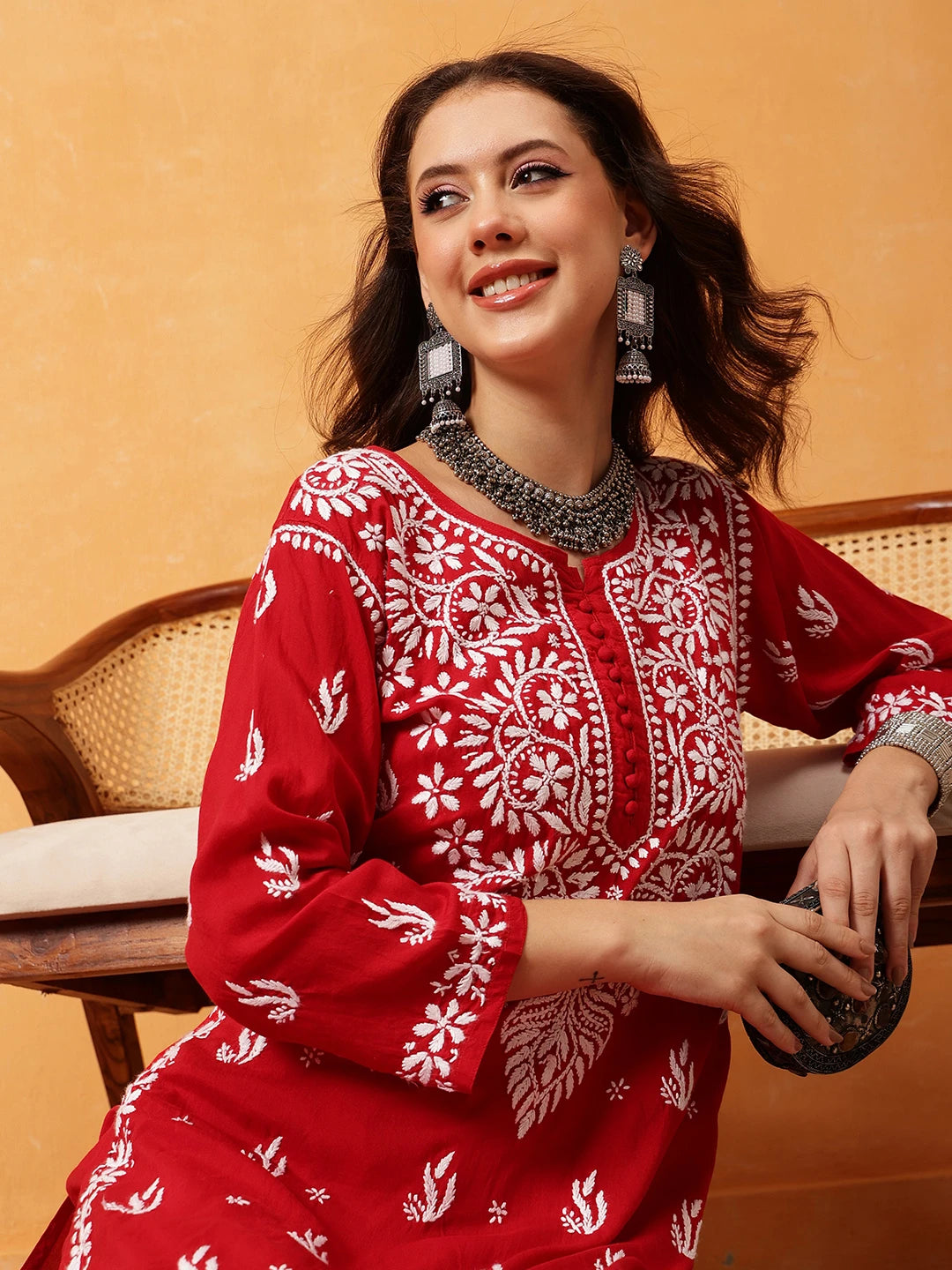 Ada Hand Embroidered Red Modal Lucknowi Chikankari Co-ord Set A811283