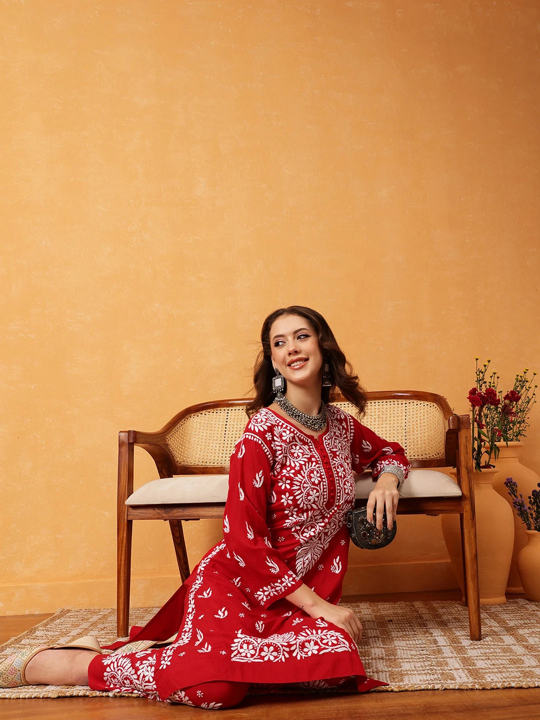 Ada Hand Embroidered Red Modal Lucknowi Chikankari Co-ord Set A811283