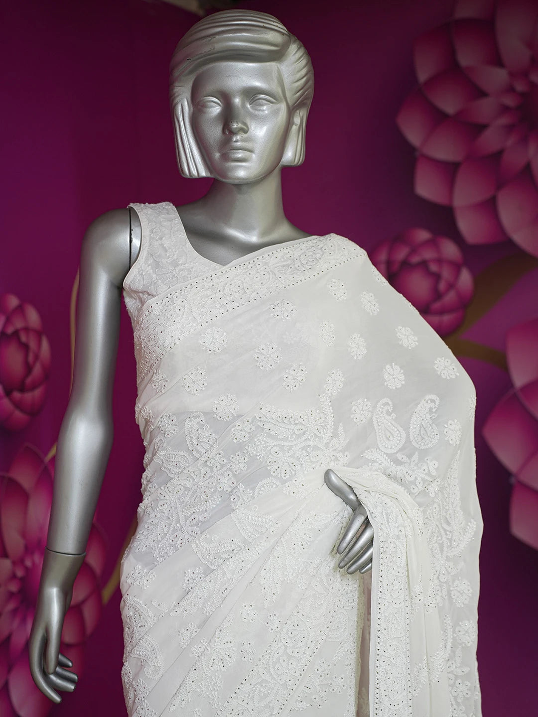 Ada Hand Embroidered White Snow Pure Georgette Lucknowi Chikankari Saree/Blouse With Muqaish Work 01A551960