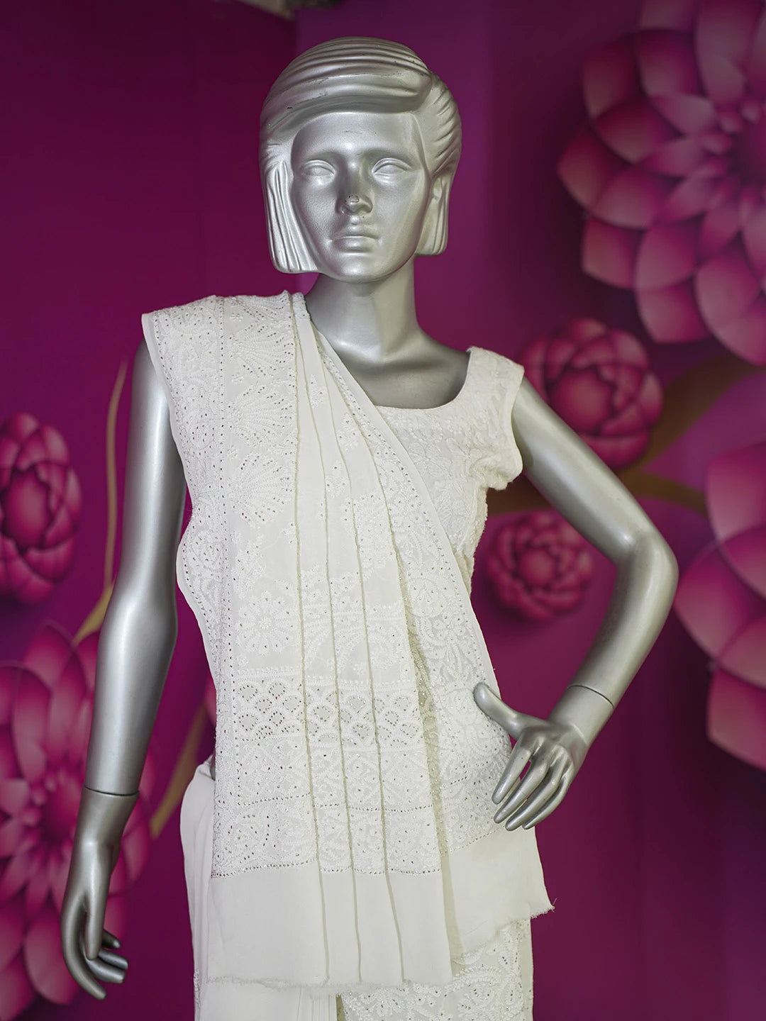 Ada Hand Embroidered White Snow Pure Georgette Lucknowi Chikankari Saree/Blouse With Muqaish Work 01A551960