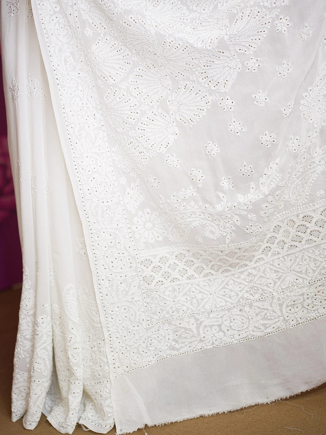 Ada Hand Embroidered White Snow Pure Georgette Lucknowi Chikankari Saree/Blouse With Muqaish Work 01A551960