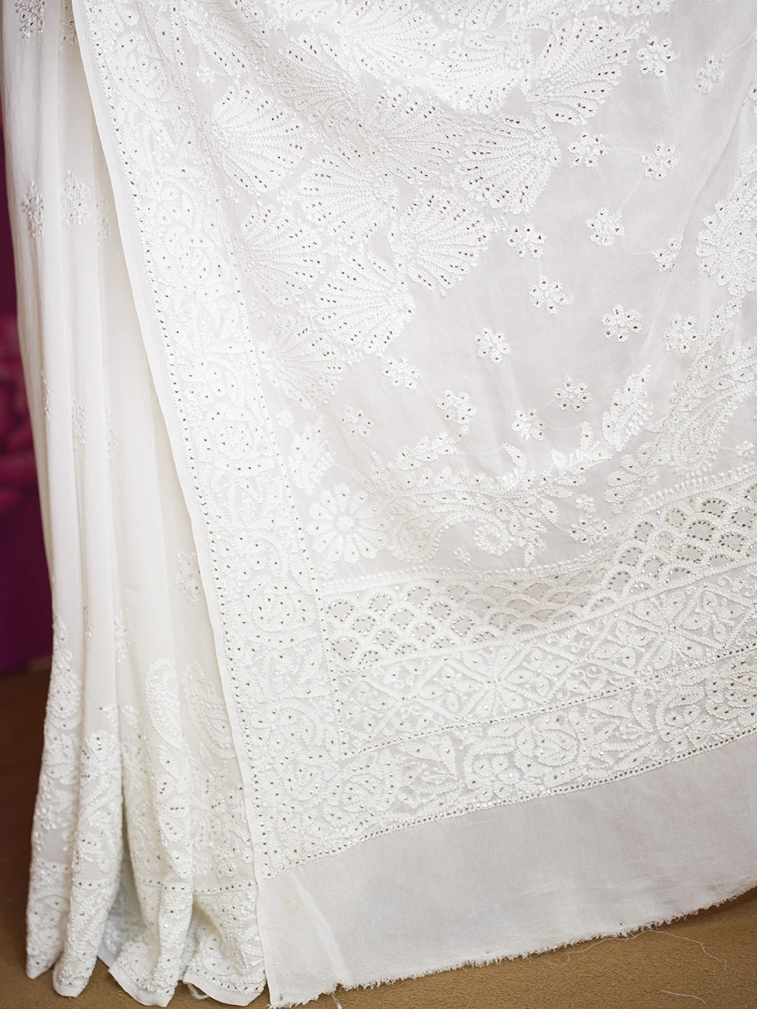 Ada Hand Embroidered White Snow Pure Georgette Lucknowi Chikankari Saree/Blouse With Muqaish Work 01A551960