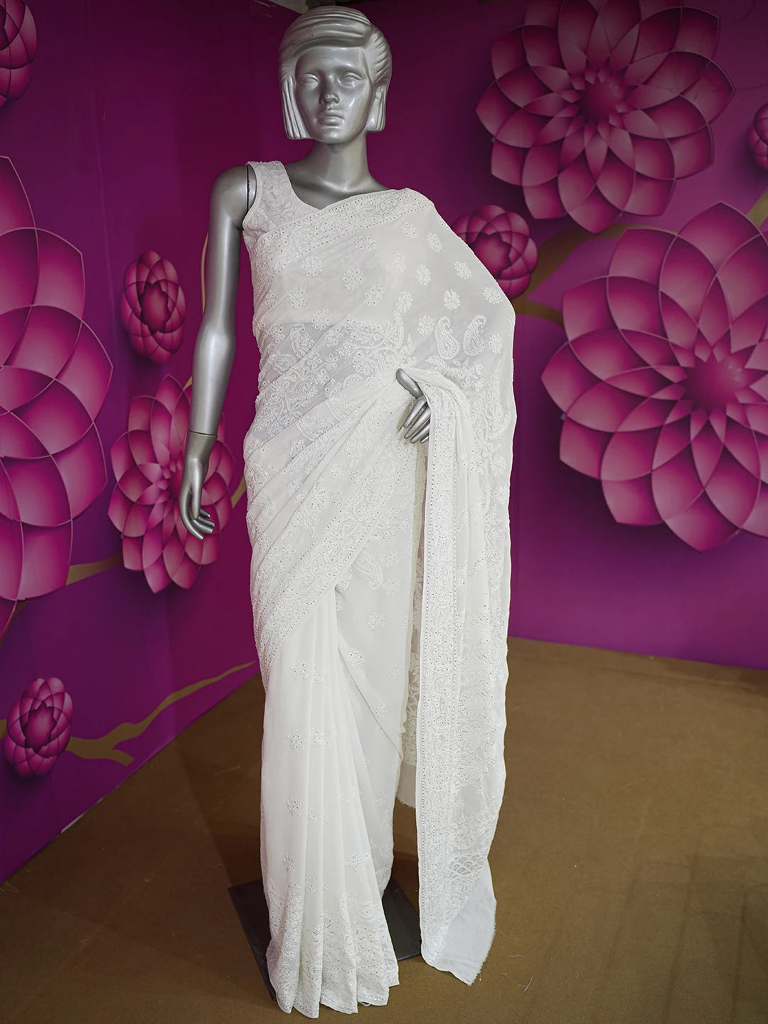 Ada Hand Embroidered White Snow Pure Georgette Lucknowi Chikankari Saree/Blouse With Muqaish Work 01A551960
