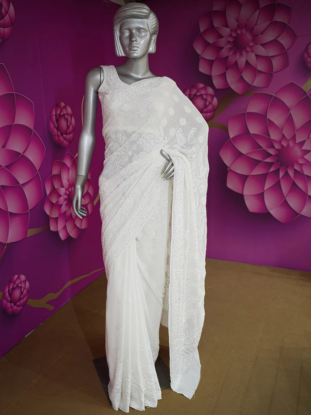 Ada Hand Embroidered White Snow Pure Georgette Lucknowi Chikankari Saree/Blouse With Muqaish Work 01A551960