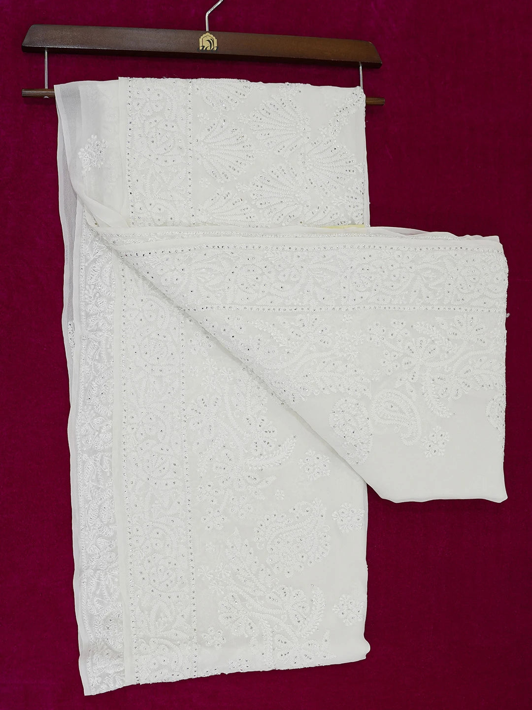Ada Hand Embroidered White Snow Pure Georgette Lucknowi Chikankari Saree/Blouse With Muqaish Work 01A551960