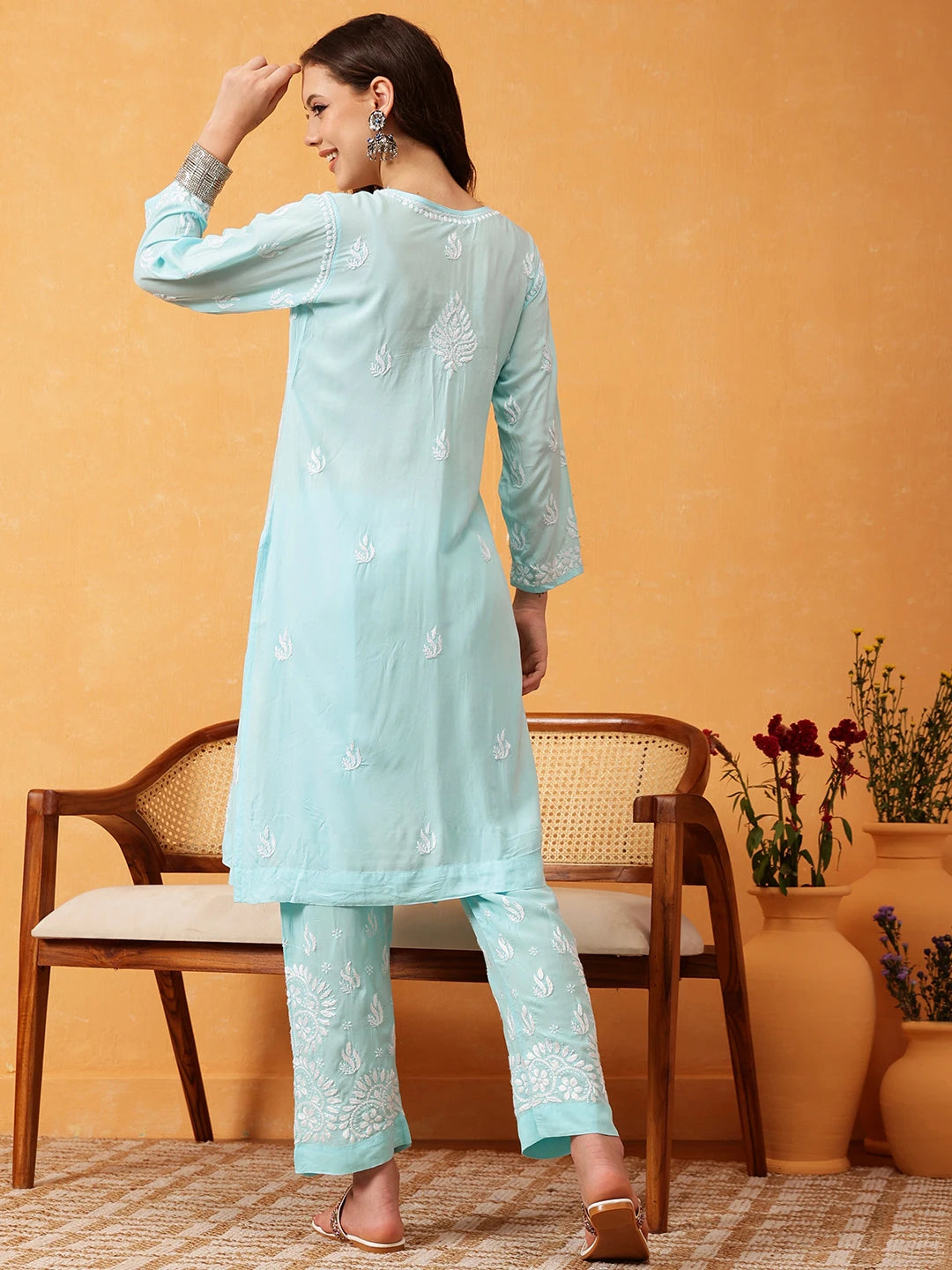 Ada Hand Embroidered Sky Blue Modal Lucknowi Chikankari Co-ord Set A811289