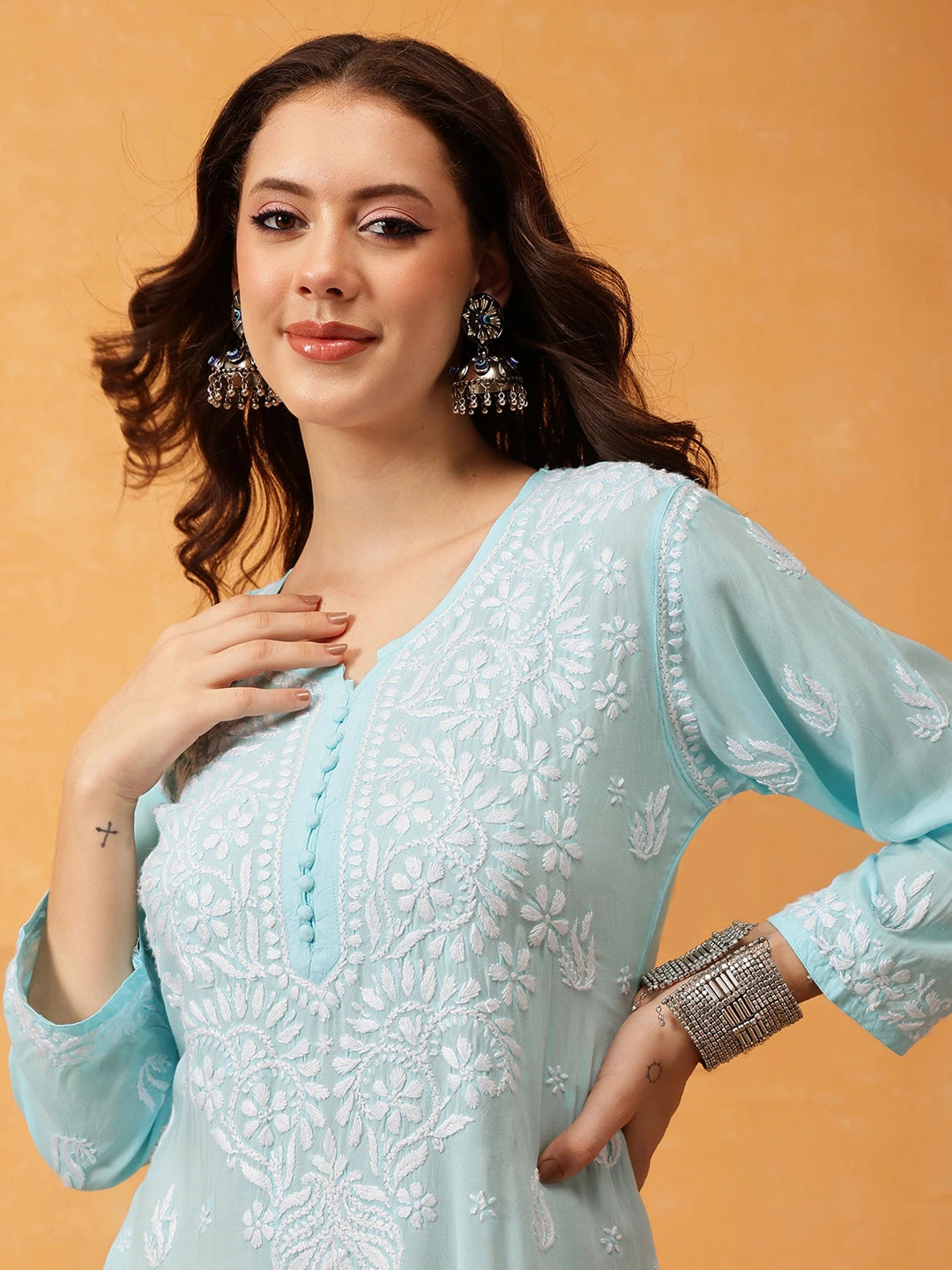 Ada Hand Embroidered Sky Blue Modal Lucknowi Chikankari Co-ord Set A811289