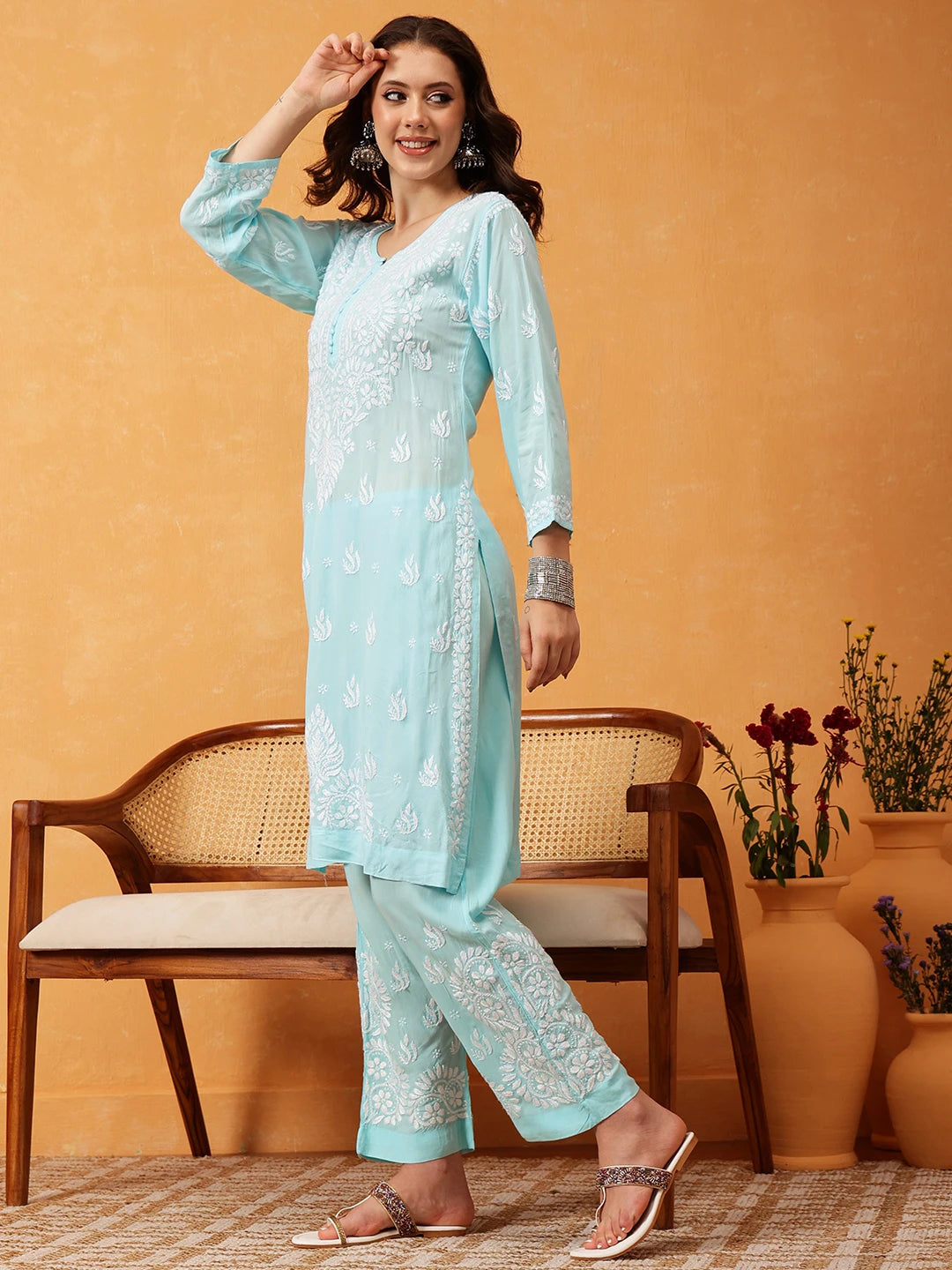 Ada Hand Embroidered Sky Blue Modal Lucknowi Chikankari Co-ord Set A811289