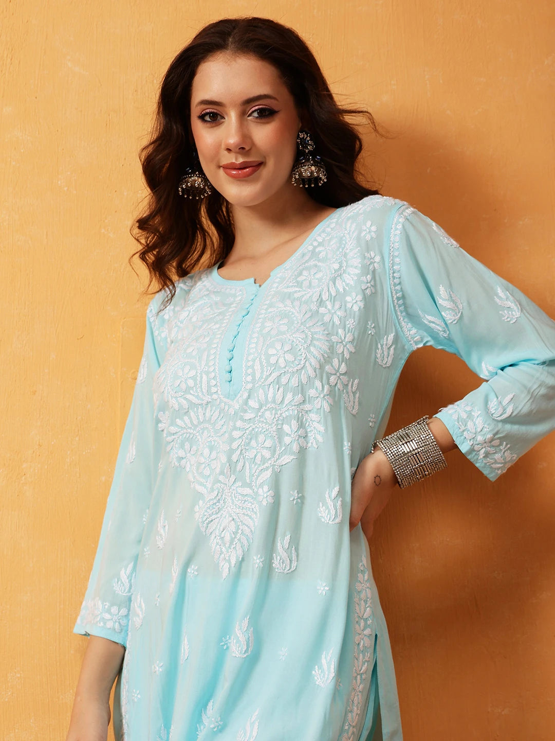 Ada Hand Embroidered Sky Blue Modal Lucknowi Chikankari Co-ord Set A811289