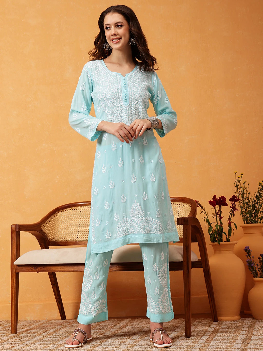 Ada Hand Embroidered Sky Blue Modal Lucknowi Chikankari Co-ord Set A811289