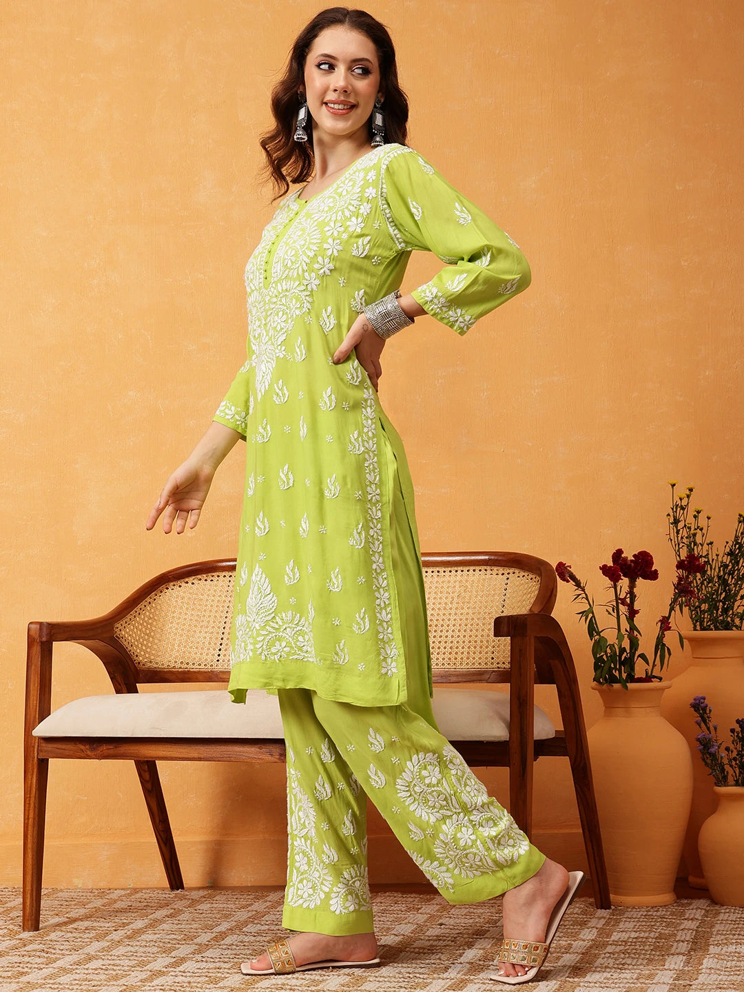 Ada Hand Embroidered Lime Green Modal Lucknowi Chikankari Co-ord Set A811290
