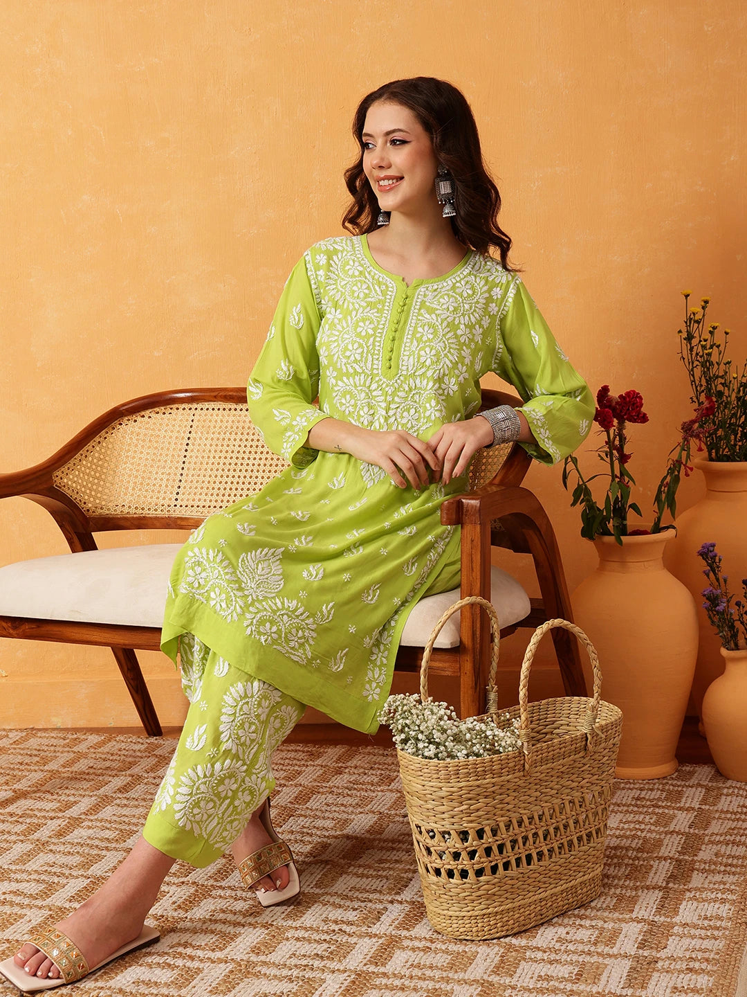 Ada Hand Embroidered Lime Green Modal Lucknowi Chikankari Co-ord Set A811290