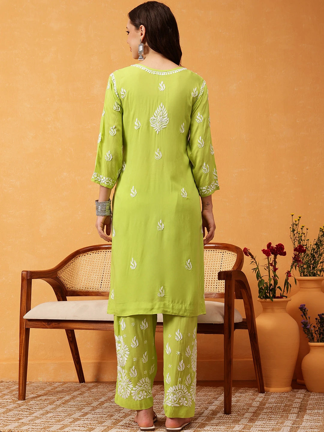 Ada Hand Embroidered Lime Green Modal Lucknowi Chikankari Co-ord Set A811290