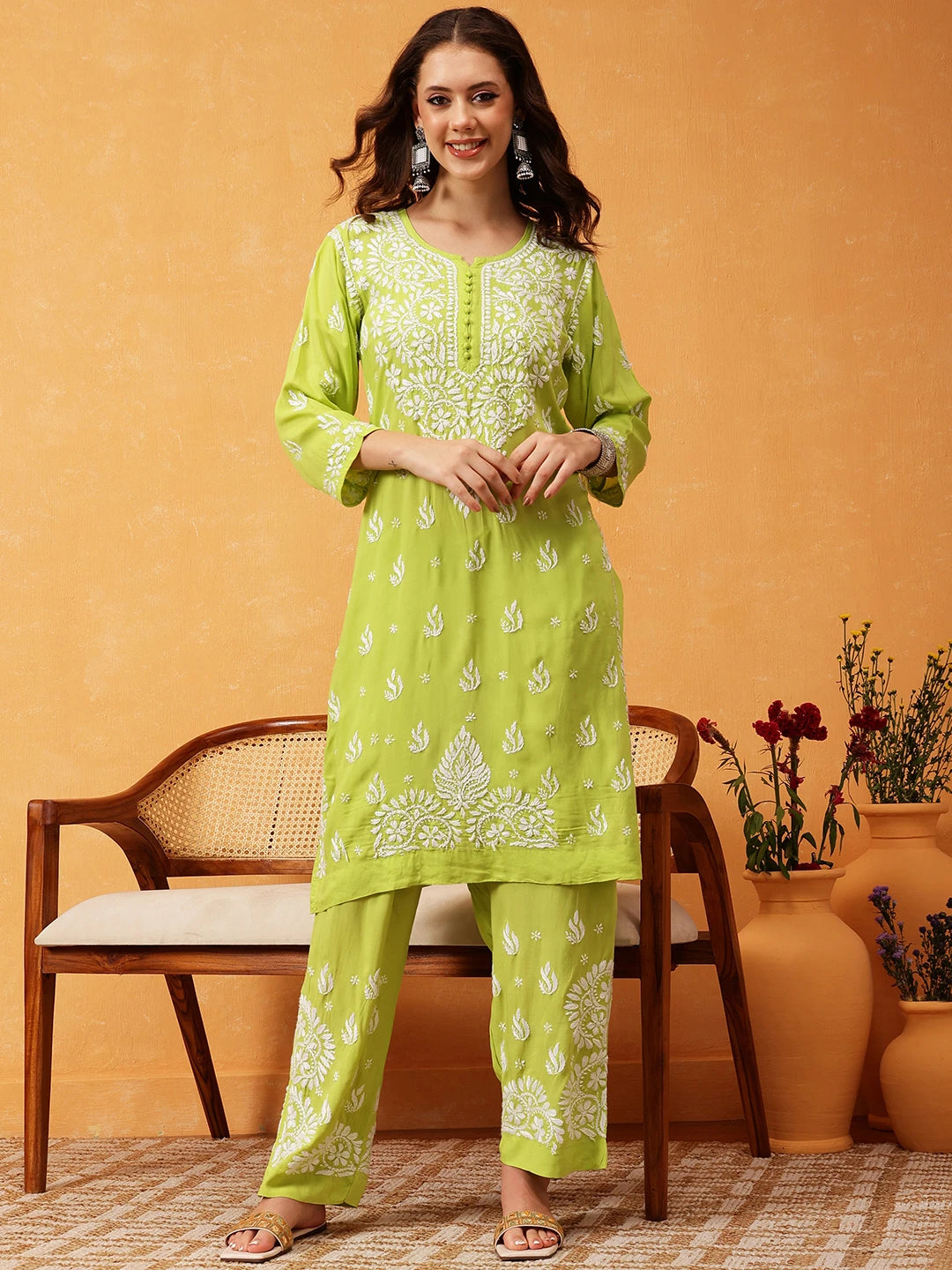 Ada Hand Embroidered Lime Green Modal Lucknowi Chikankari Co-ord Set A811290