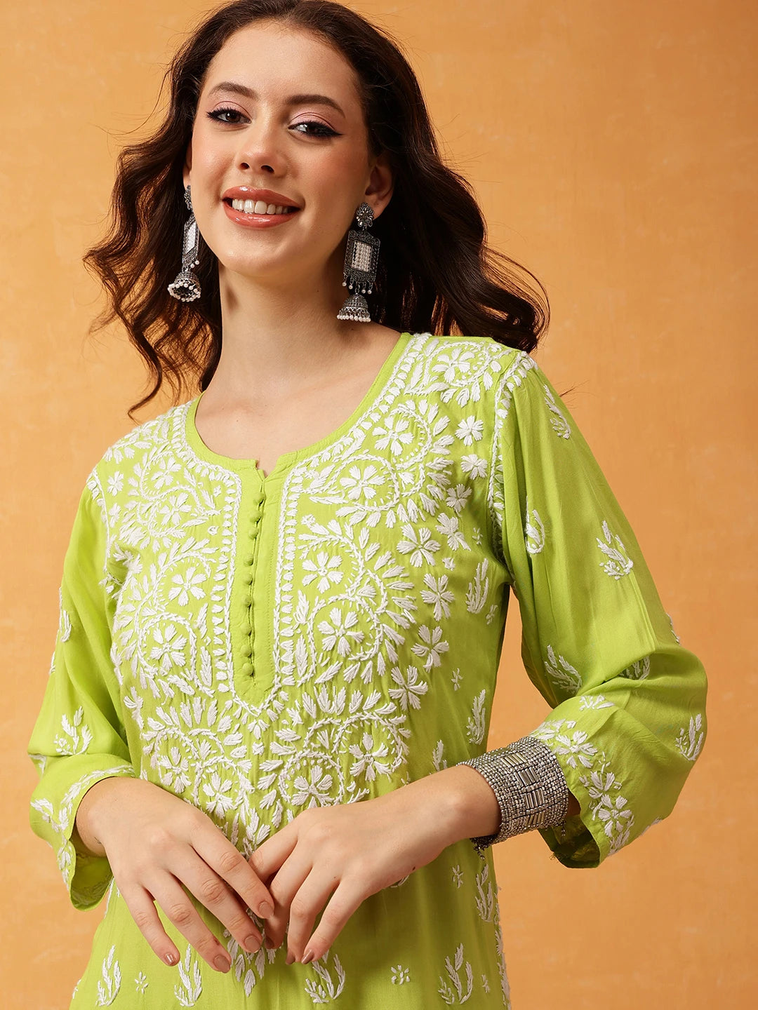 Ada Hand Embroidered Lime Green Modal Lucknowi Chikankari Co-ord Set A811290