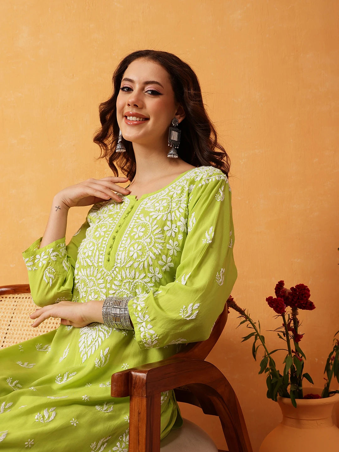 Ada Hand Embroidered Lime Green Modal Lucknowi Chikankari Co-ord Set A811290