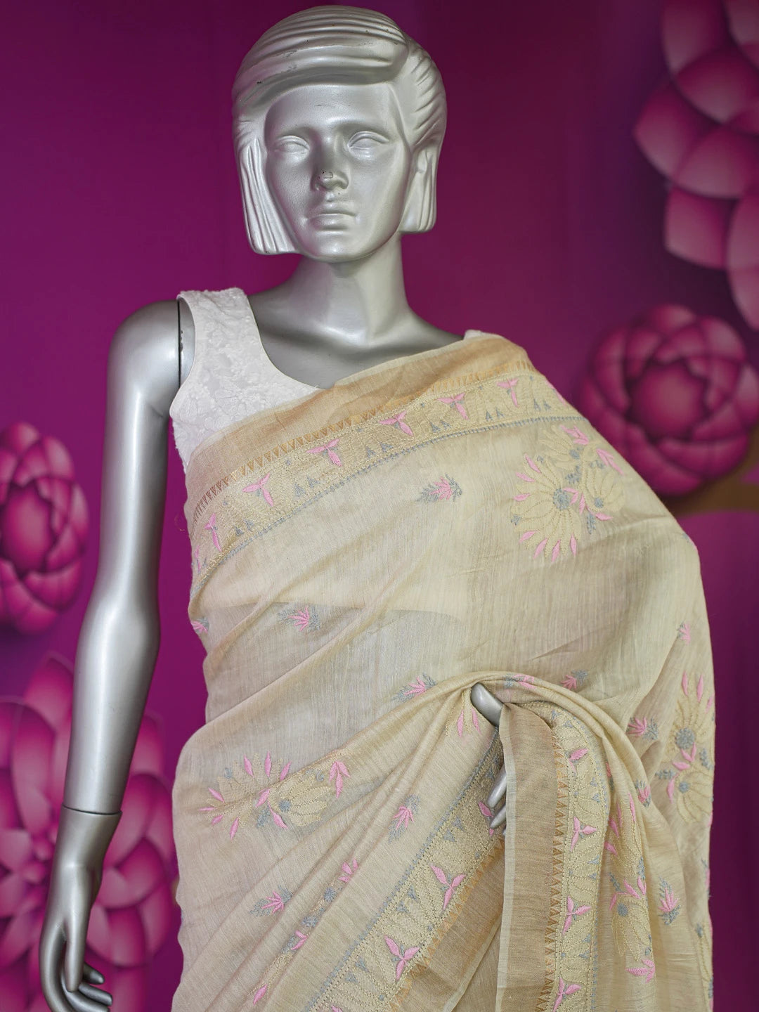 Ada Hand Embroidered Fawn Silk Lucknowi Chikankari Saree and Blouse 01A616427