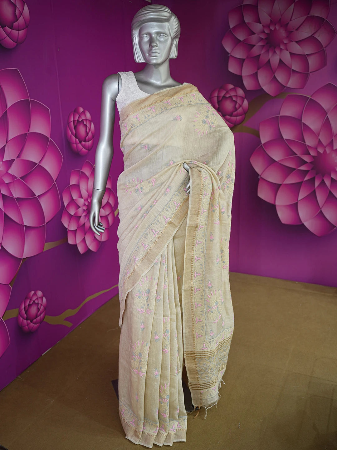 Ada Hand Embroidered Fawn Silk Lucknowi Chikankari Saree and Blouse 01A616427