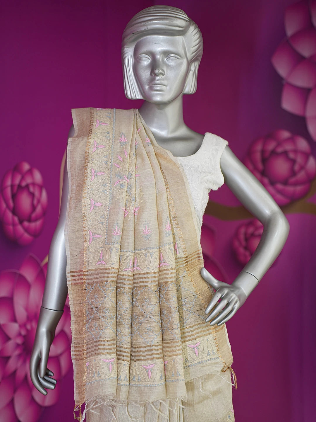 Ada Hand Embroidered Fawn Silk Lucknowi Chikankari Saree and Blouse 01A616427