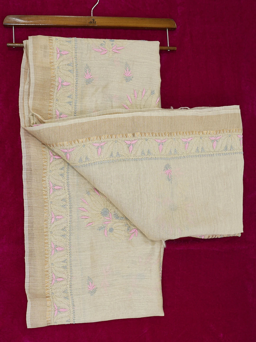 Ada Hand Embroidered Fawn Silk Lucknowi Chikankari Saree and Blouse 01A616427