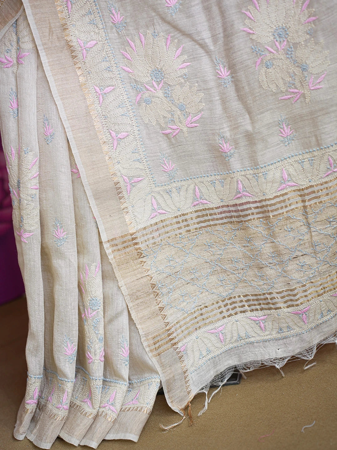 Ada Hand Embroidered Fawn Silk Lucknowi Chikankari Saree and Blouse 01A616427