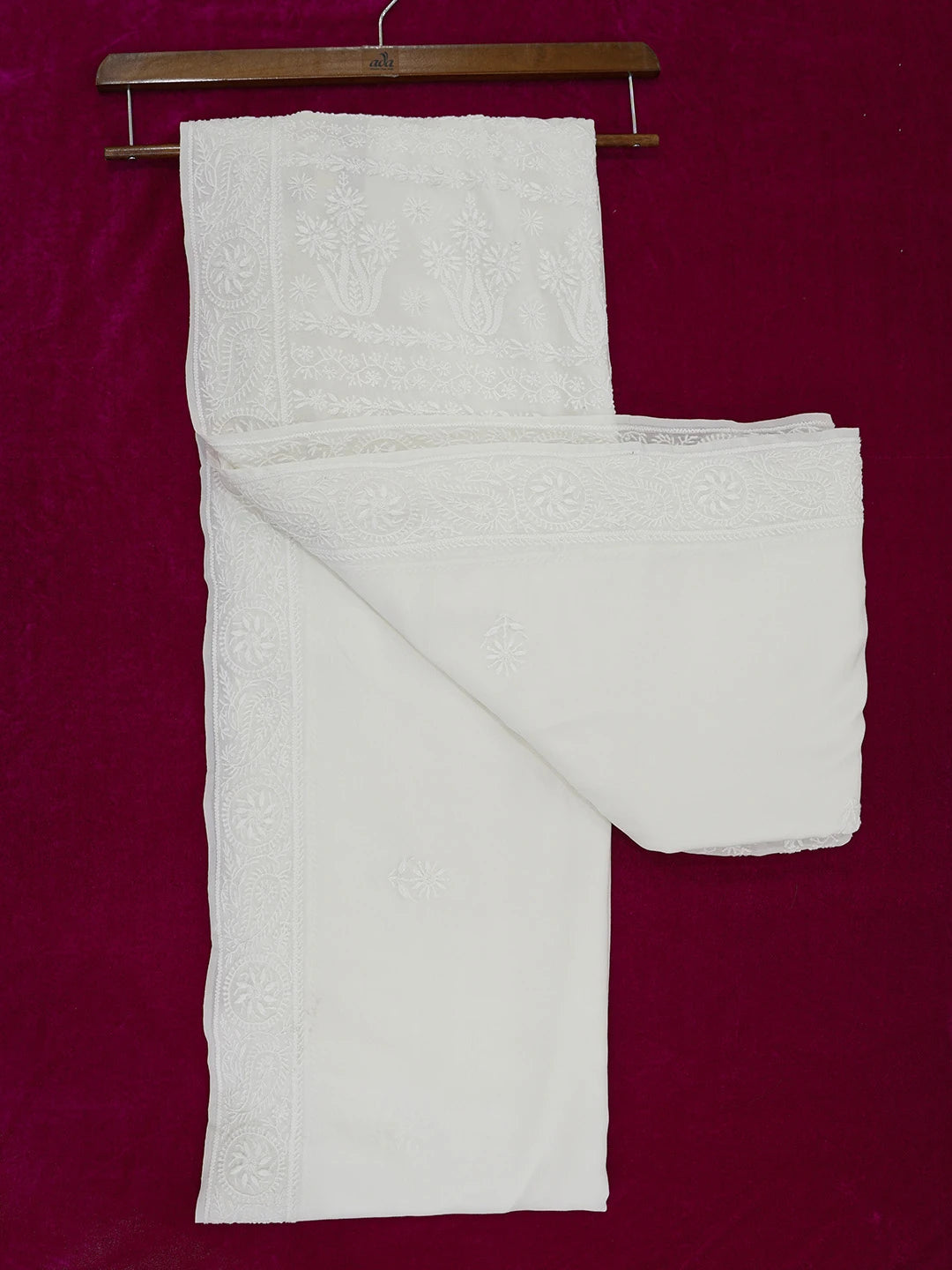Ada Hand Embroidered White Pure Georgette Lucknowi Chikankari Saree With Blouse 01A555935