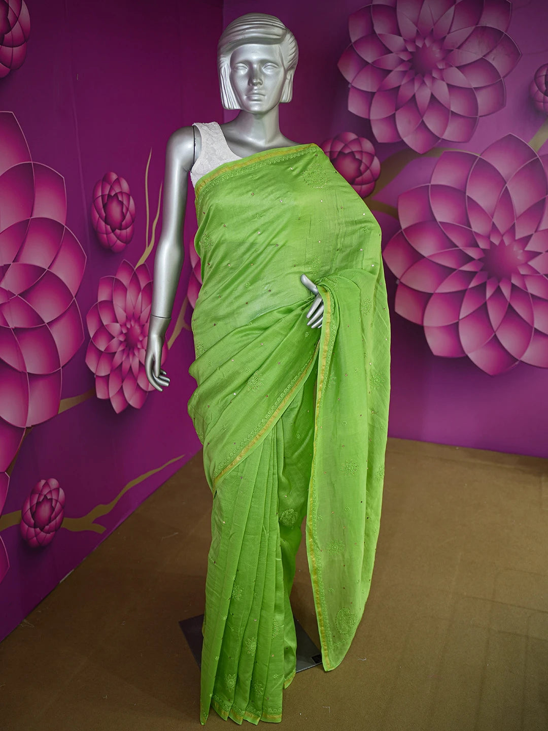 Ada Hand Embroidered Avocado Green Chanderi Lucknowi Chikankari Saree/Blouse With Muqaish Work 01A185240