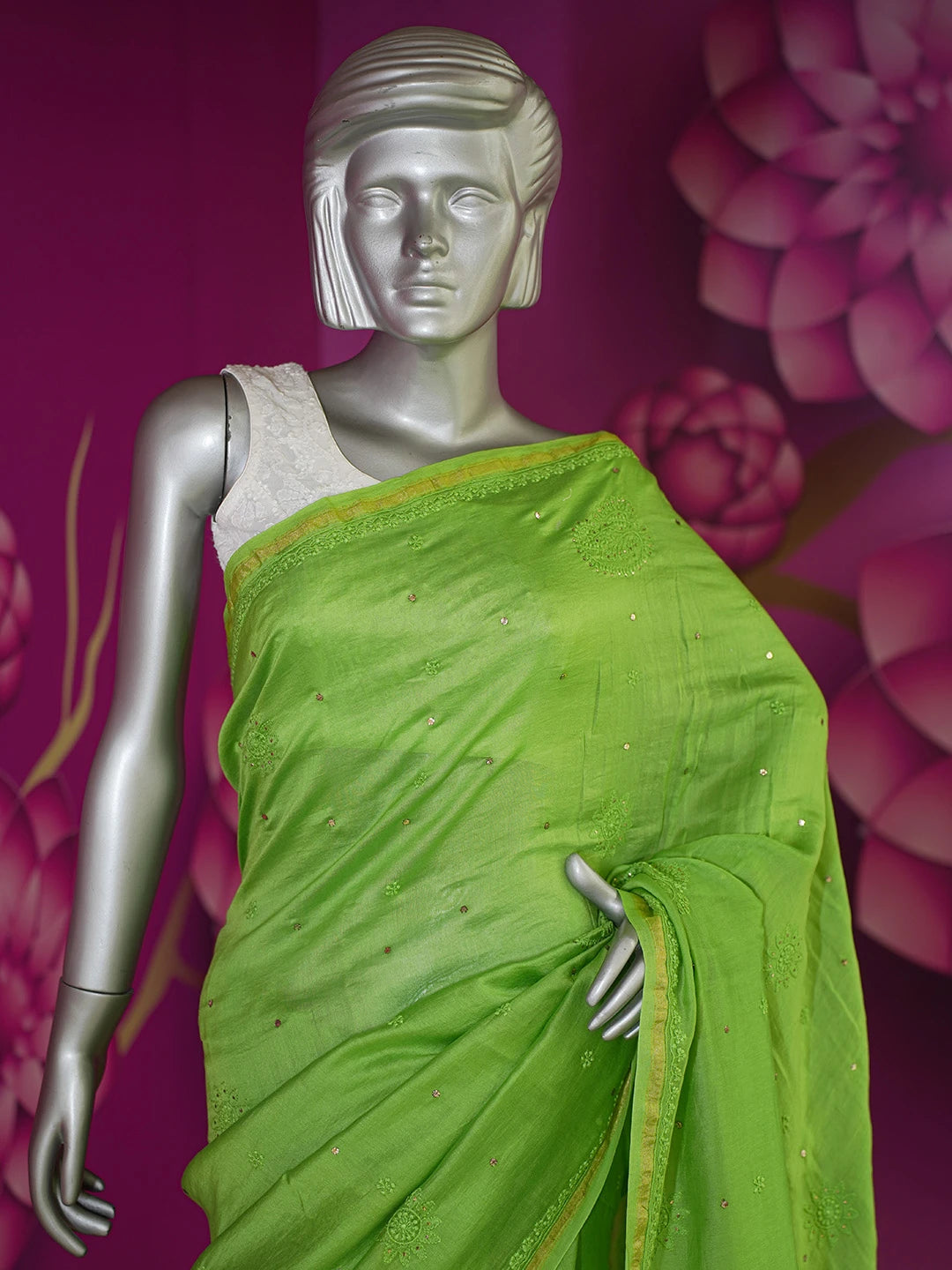 Ada Hand Embroidered Avocado Green Chanderi Lucknowi Chikankari Saree/Blouse With Muqaish Work 01A185240