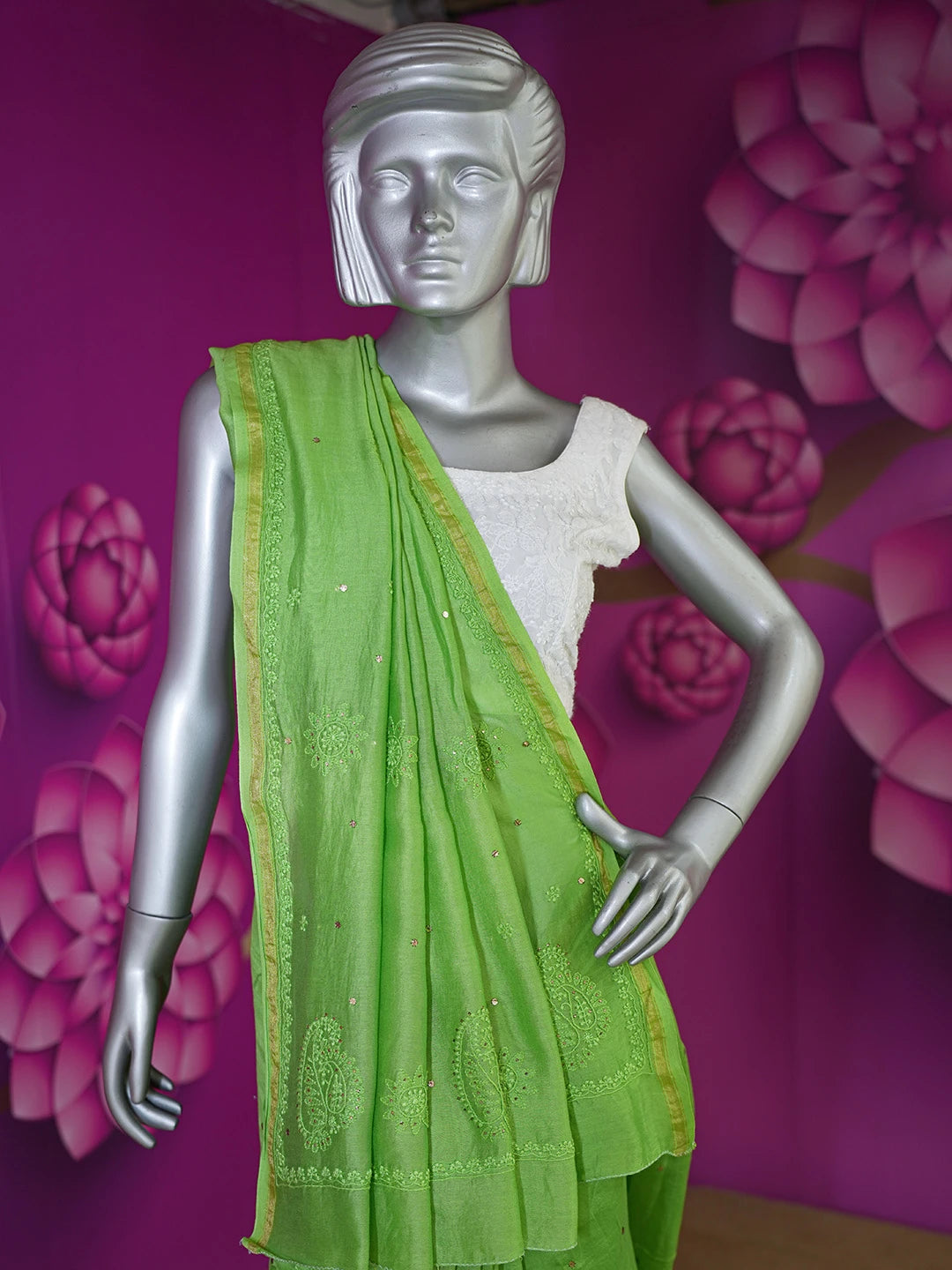 Ada Hand Embroidered Avocado Green Chanderi Lucknowi Chikankari Saree/Blouse With Muqaish Work 01A185240