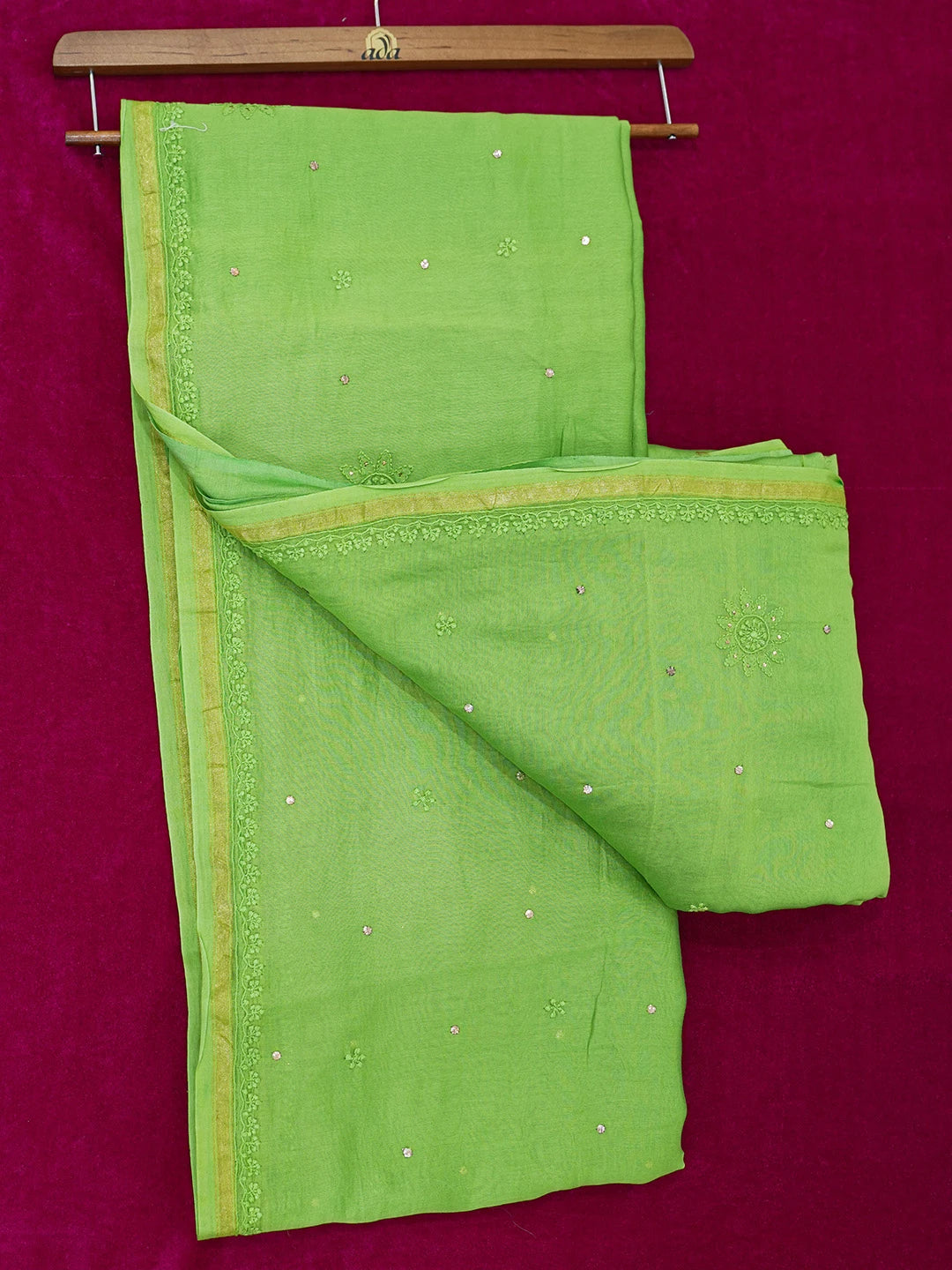 Ada Hand Embroidered Avocado Green Chanderi Lucknowi Chikankari Saree/Blouse With Muqaish Work 01A185240