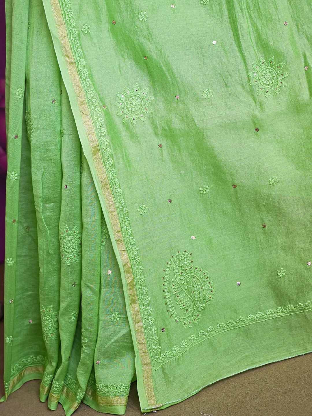 Ada Hand Embroidered Avocado Green Chanderi Lucknowi Chikankari Saree/Blouse With Muqaish Work 01A185240