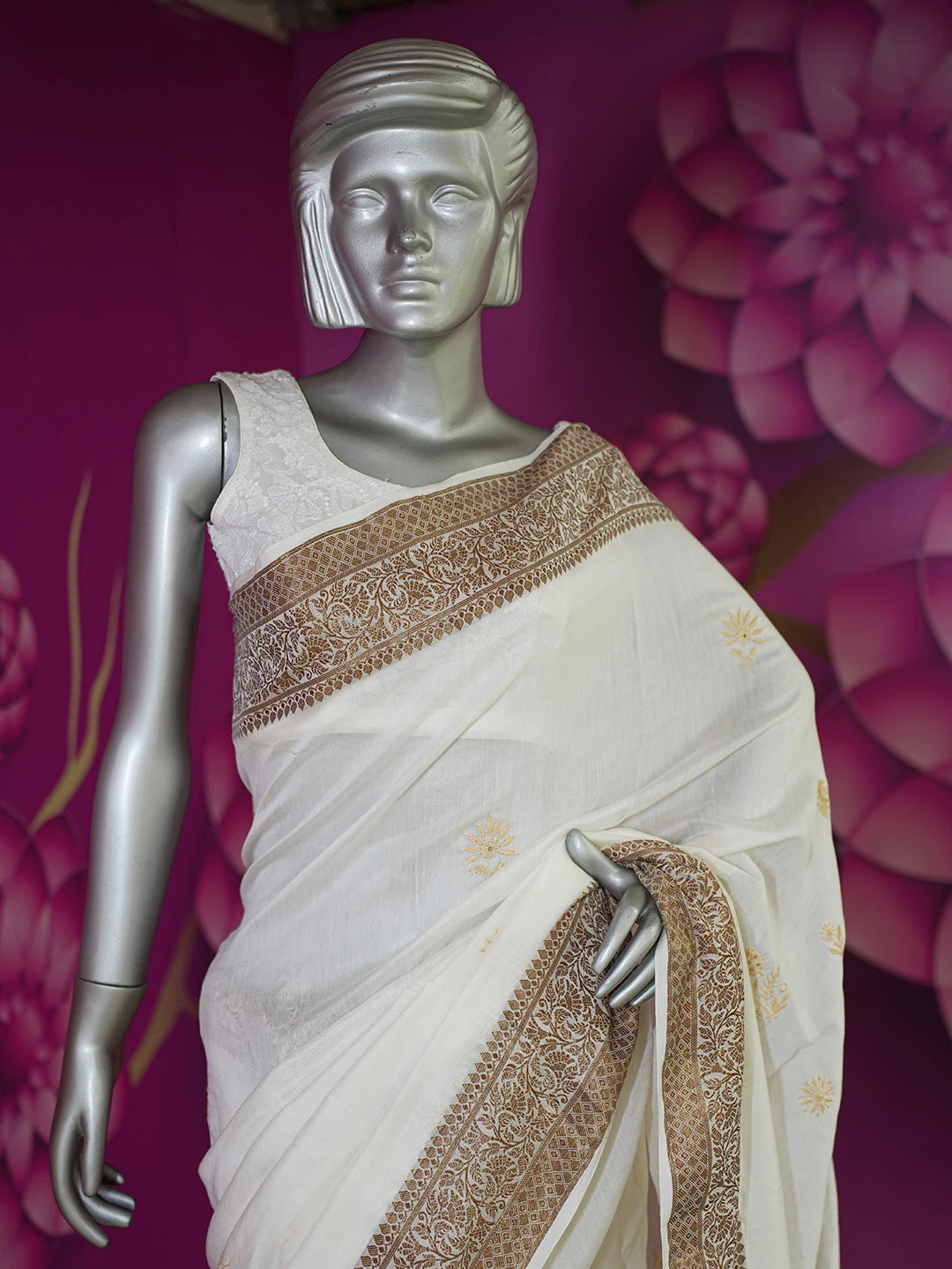 Ada Hand Embroidered Off White Chanderi Lucknowi Chikankari Saree With Blouse 01A630131