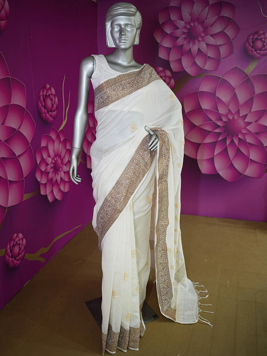 Ada Hand Embroidered Off White Chanderi Lucknowi Chikankari Saree With Blouse 01A630131