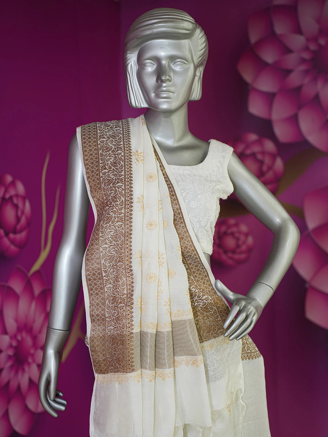 Ada Hand Embroidered Off White Chanderi Lucknowi Chikankari Saree With Blouse 01A630131