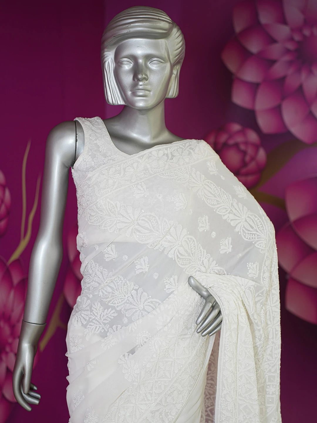 Ada Hand Embroidered White Pure Georgette Lucknowi Chikankari Saree With Blouse 01A604447