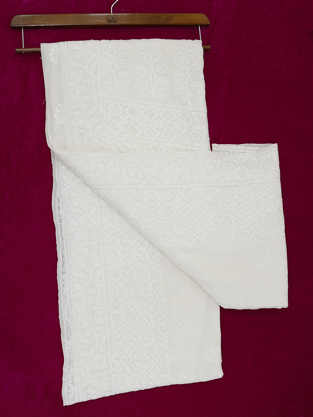 Ada Hand Embroidered White Pure Georgette Lucknowi Chikankari Saree With Blouse 01A604447