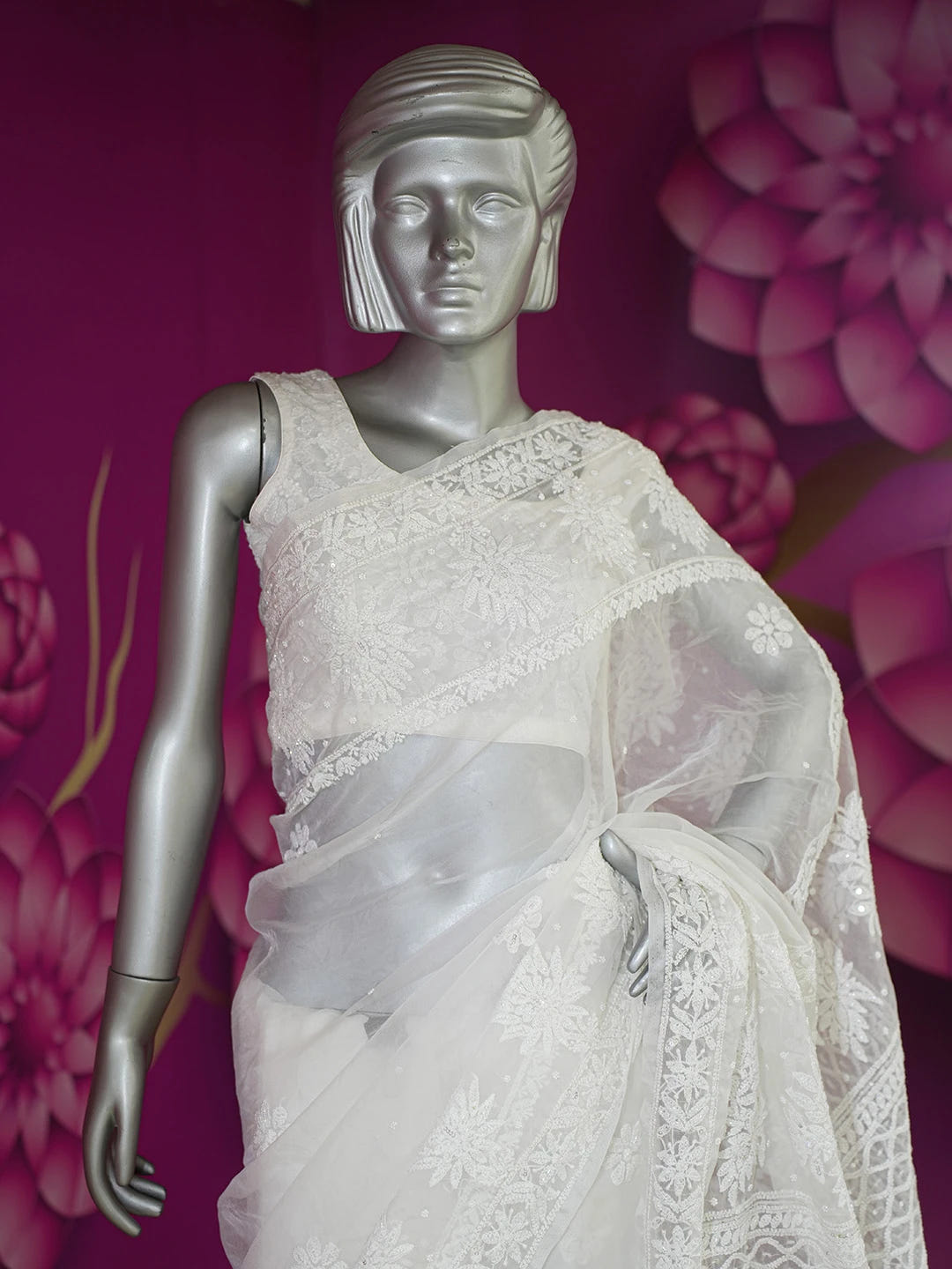 Ada Hand Embroidered Pearl White Organza Lucknowi Chikankari Saree With Blouse And Zari Work 01A546624