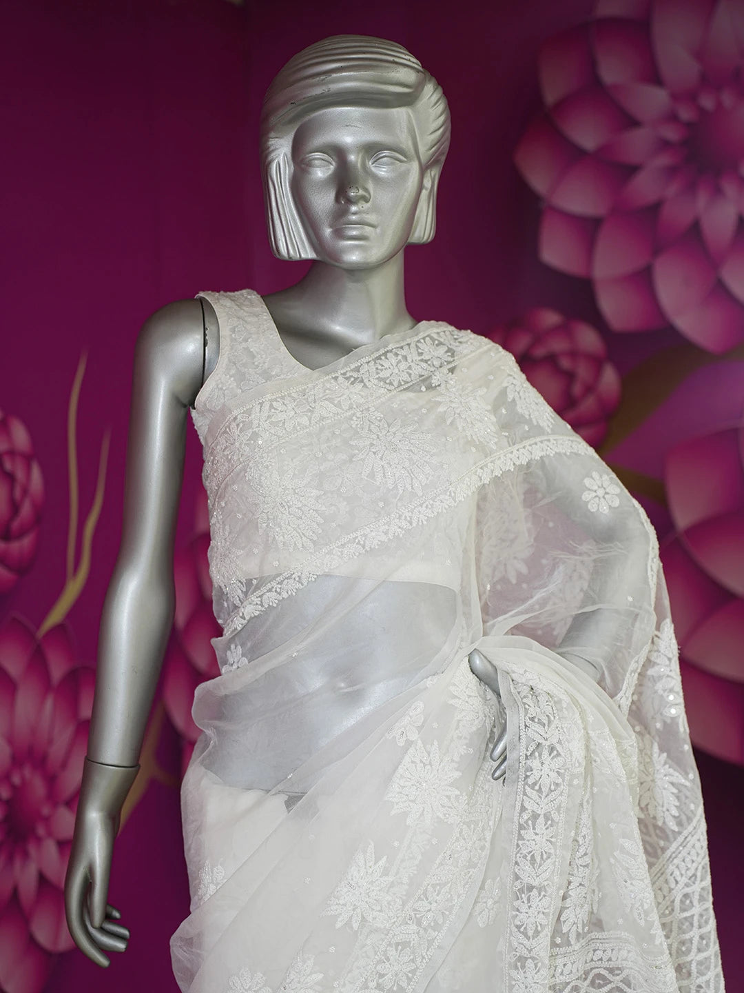 Ada Hand Embroidered Pearl White Organza Lucknowi Chikankari Saree With Blouse And Zari Work 01A546624