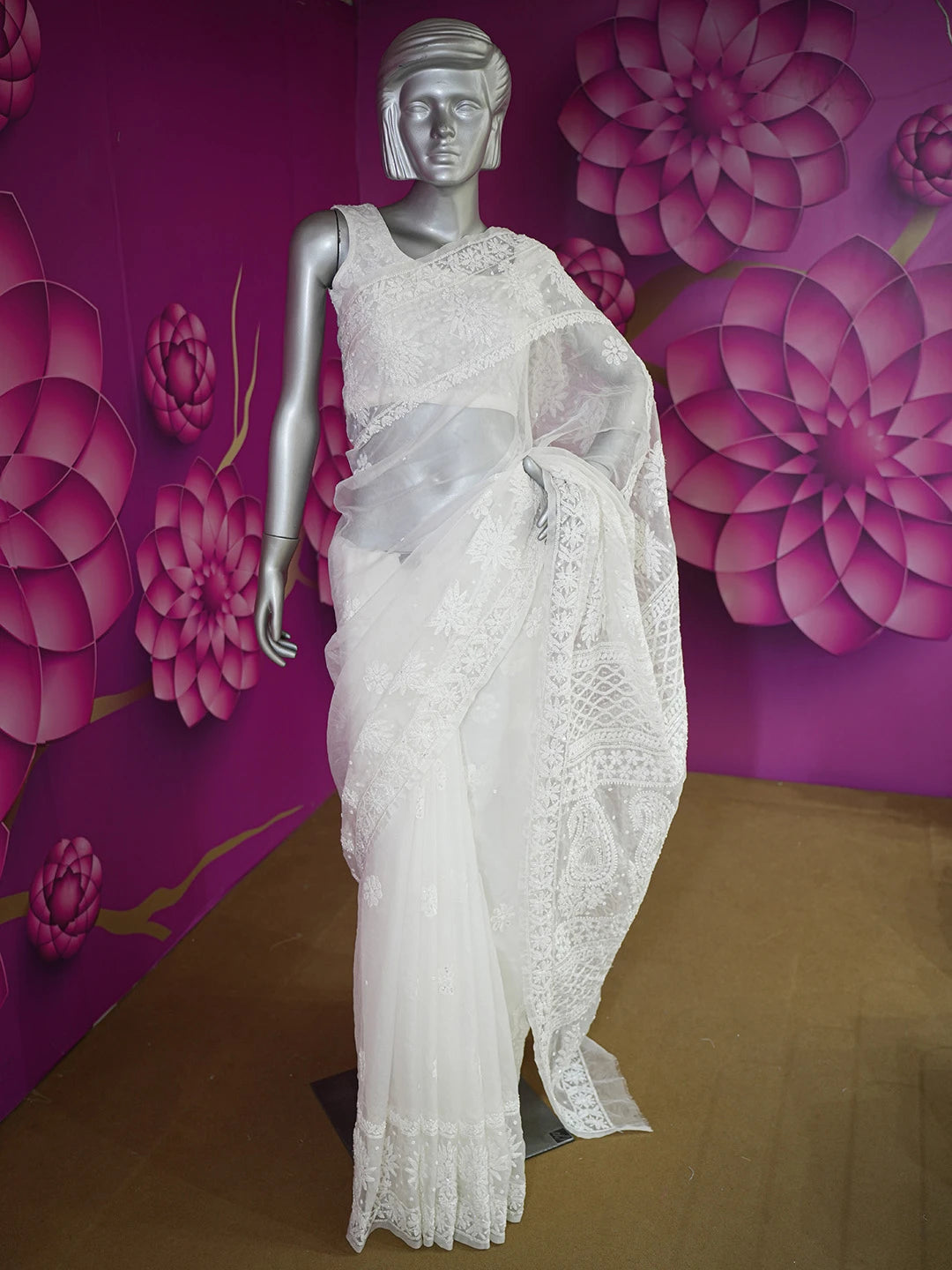 Ada Hand Embroidered Pearl White Organza Lucknowi Chikankari Saree With Blouse And Zari Work 01A546624