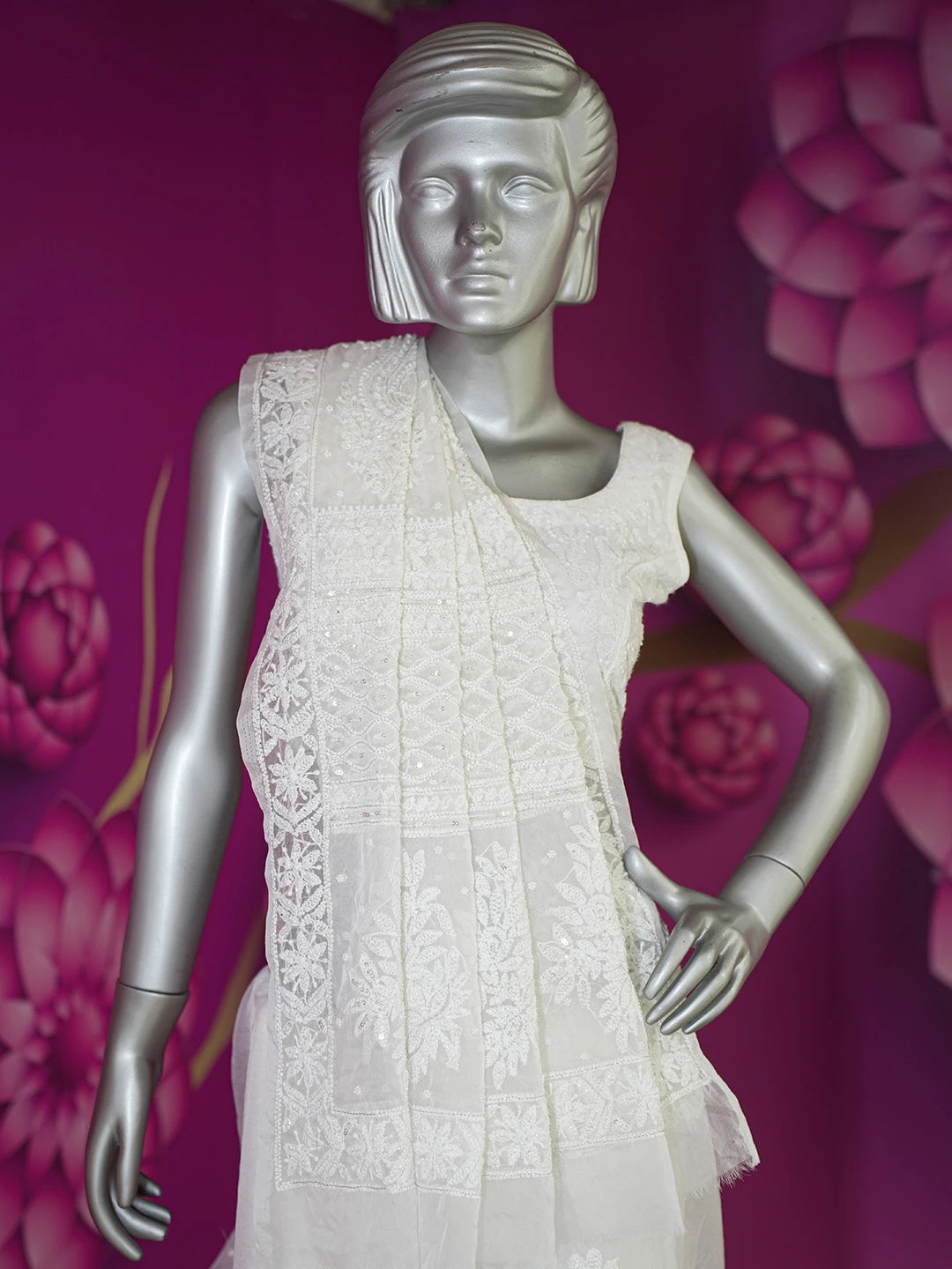 Ada Hand Embroidered Pearl White Organza Lucknowi Chikankari Saree With Blouse And Zari Work 01A546624