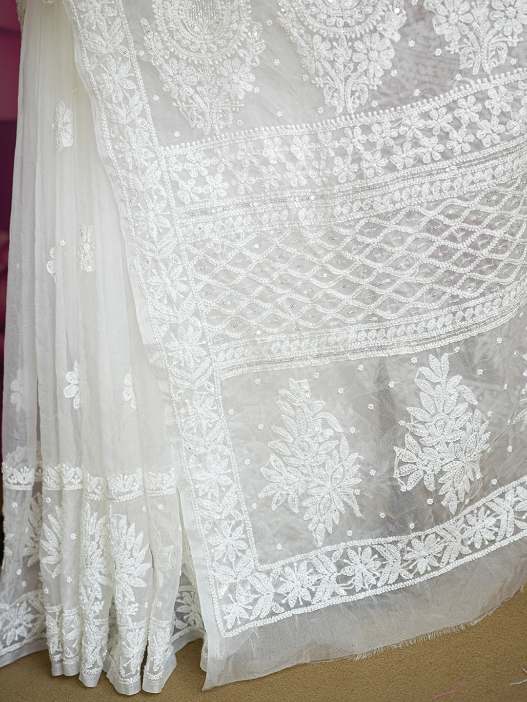 Ada Hand Embroidered Pearl White Organza Lucknowi Chikankari Saree With Blouse And Zari Work 01A546624