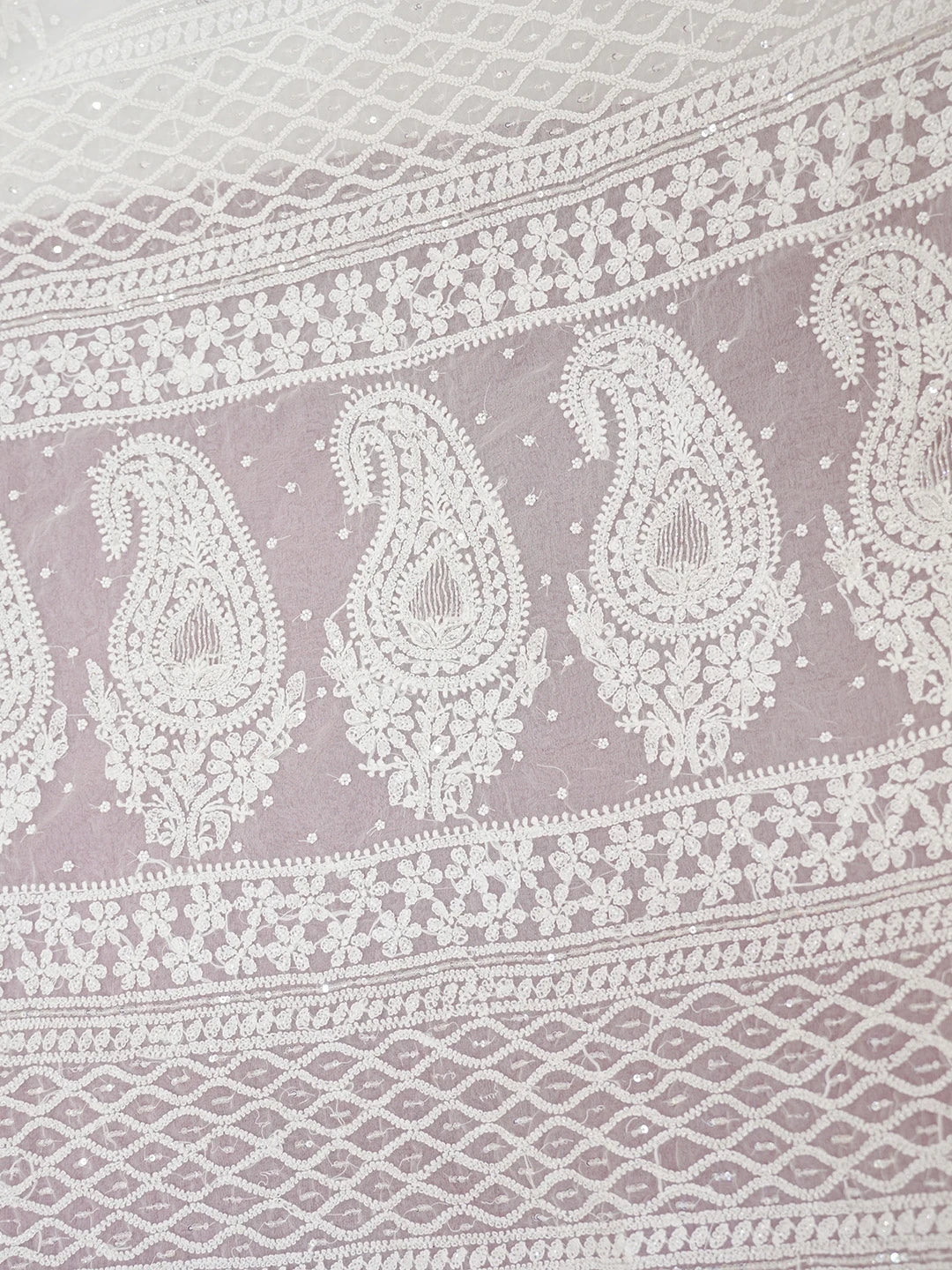 Ada Hand Embroidered Pearl White Organza Lucknowi Chikankari Saree With Blouse And Zari Work 01A546624