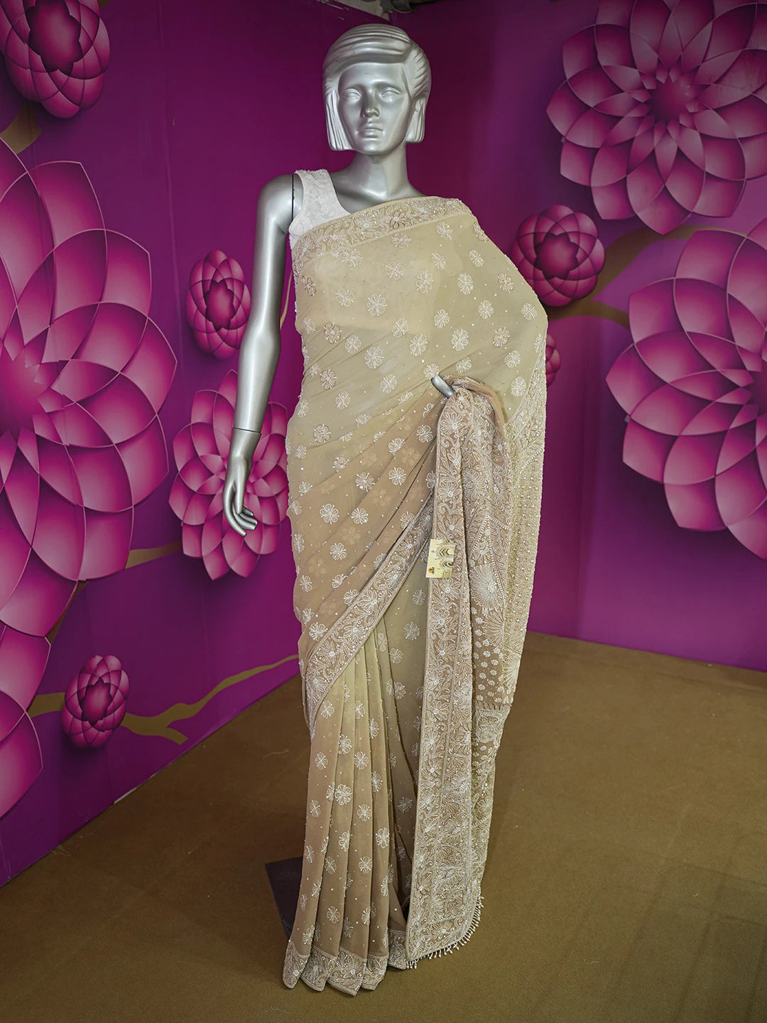 Ada Hand Embroidered Fallow Brown Pure Georgette Lucknowi Chikankari Saree With Blouse And Sequinned Work 01A542474