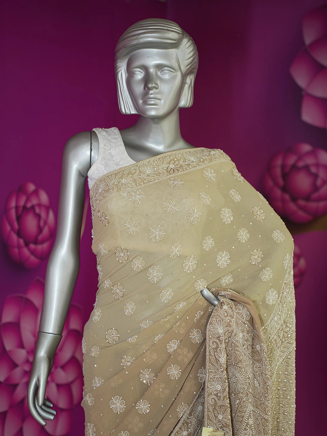 Ada Hand Embroidered Fallow Brown Pure Georgette Lucknowi Chikankari Saree With Blouse And Sequinned Work 01A542474