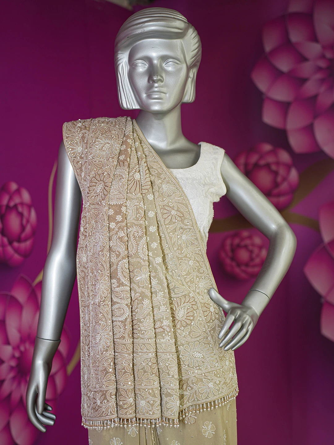 Ada Hand Embroidered Fallow Brown Pure Georgette Lucknowi Chikankari Saree With Blouse And Sequinned Work 01A542474
