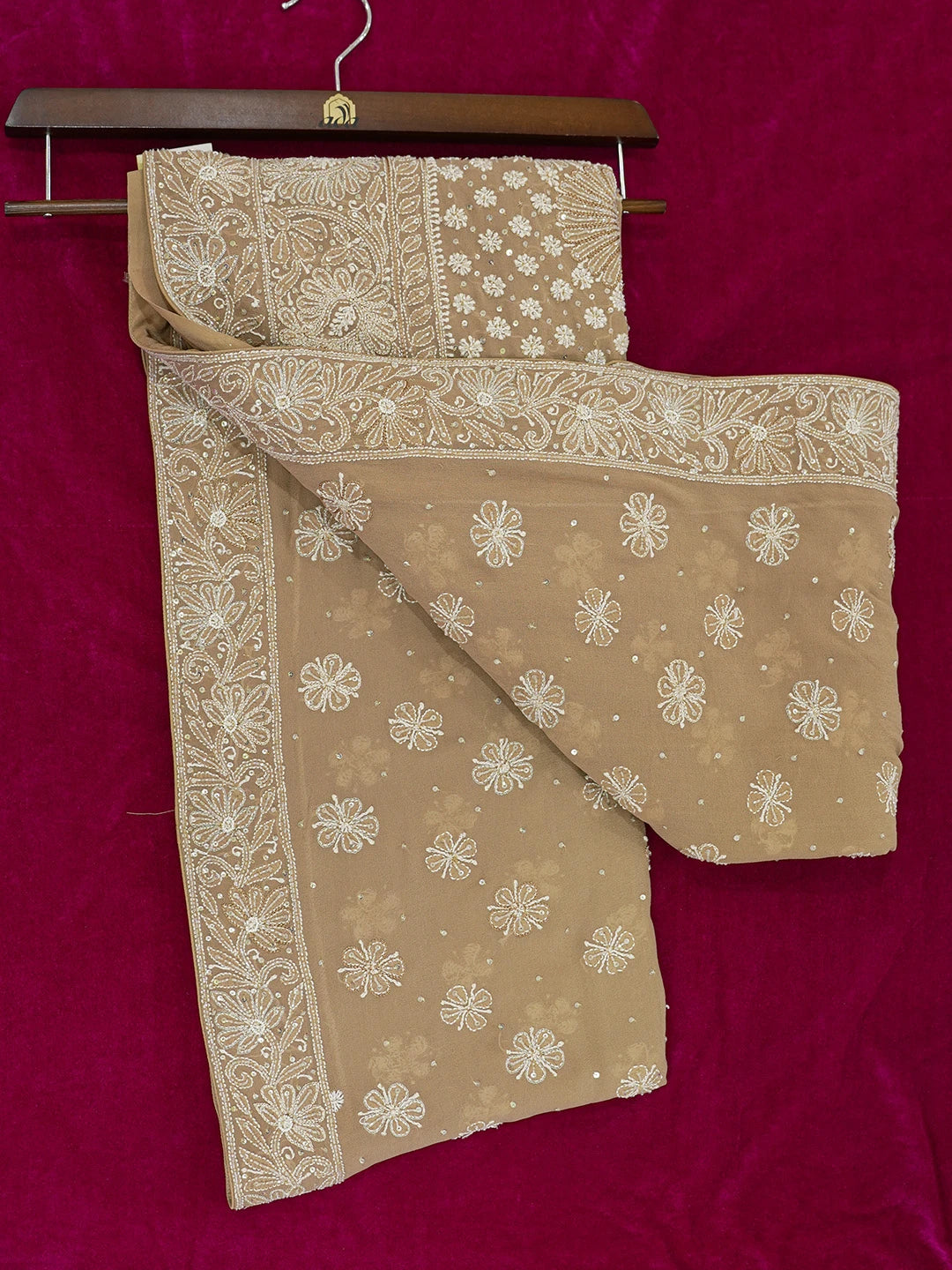 Ada Hand Embroidered Fallow Brown Pure Georgette Lucknowi Chikankari Saree With Blouse And Sequinned Work 01A542474
