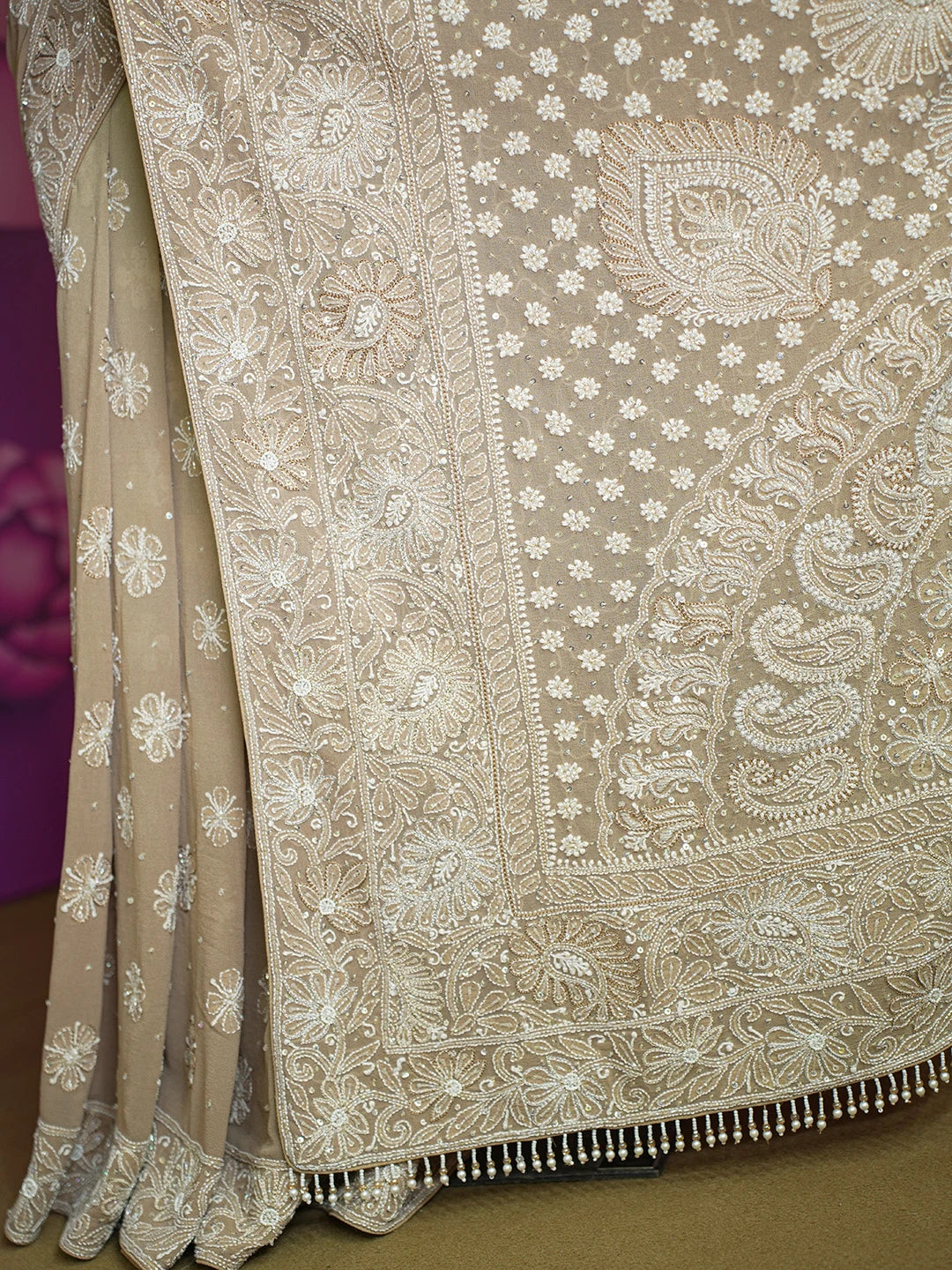 Ada Hand Embroidered Fallow Brown Pure Georgette Lucknowi Chikankari Saree With Blouse And Sequinned Work 01A542474