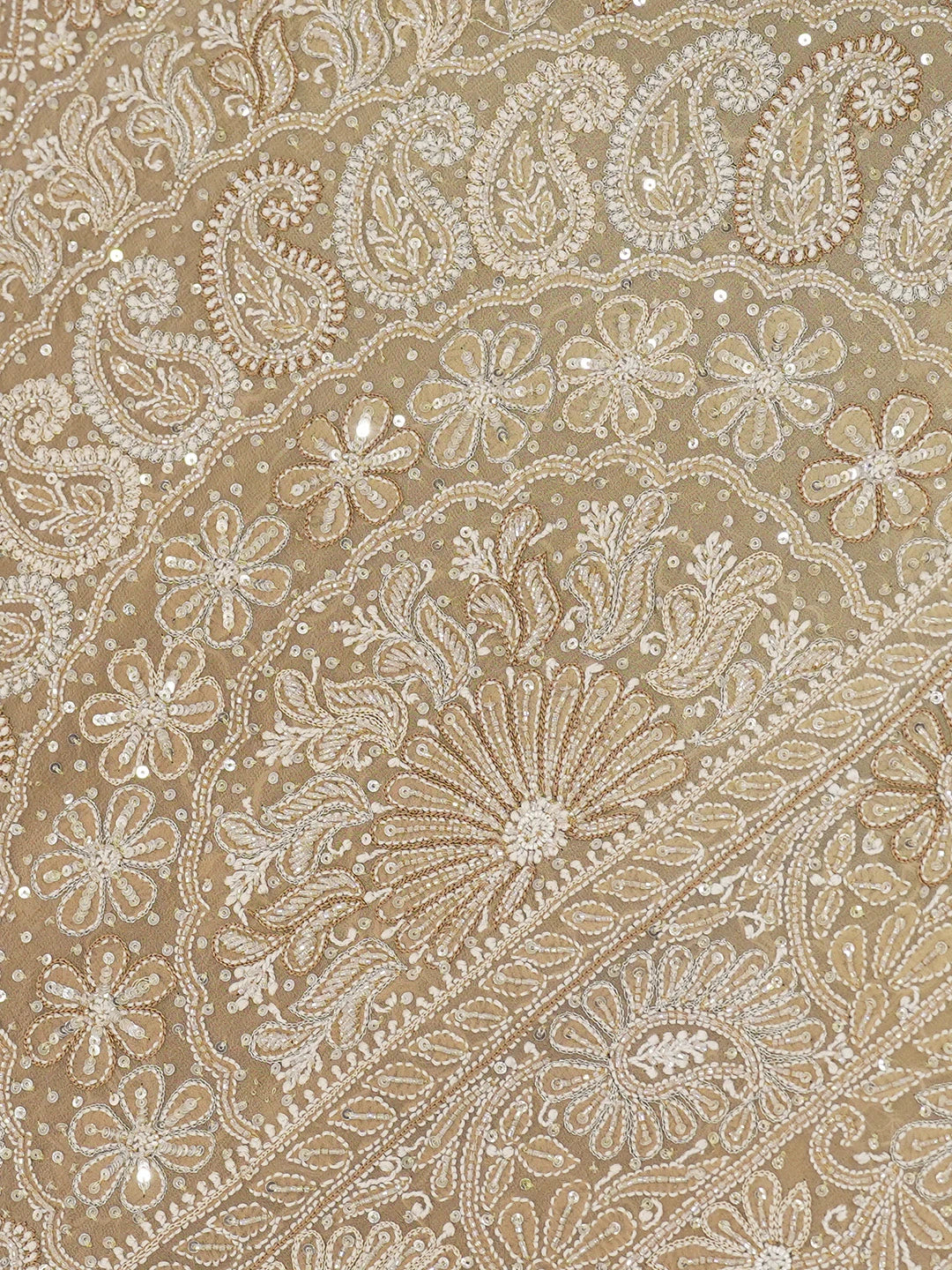 Ada Hand Embroidered Fallow Brown Pure Georgette Lucknowi Chikankari Saree With Blouse And Sequinned Work 01A542474